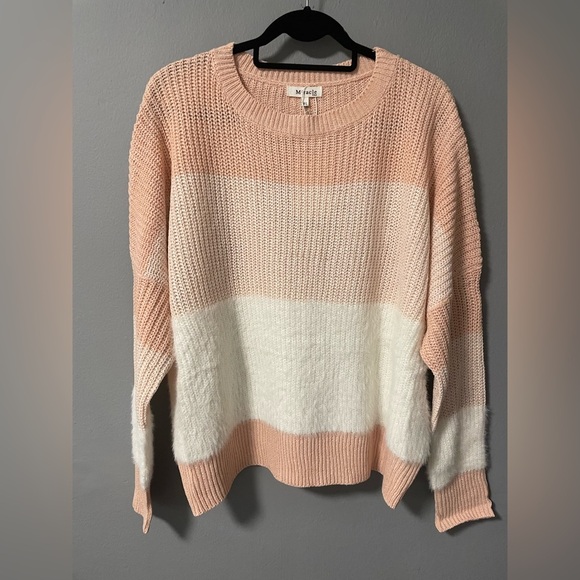 NWT Miracle Blush/Peach Knit Crew Neck White Fuzzy Colorblock Sweater. Size M/L - Picture 1 of 6